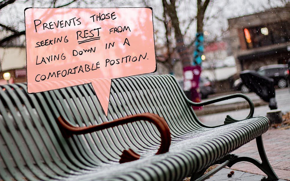 MadelineUNR's tweet photo. Found some #unpleasantdesign while doing research for my #jour108 class! This bench prevents people to be able to lay down, which I find unpleasant https://t.co/h4lLG7vBMz