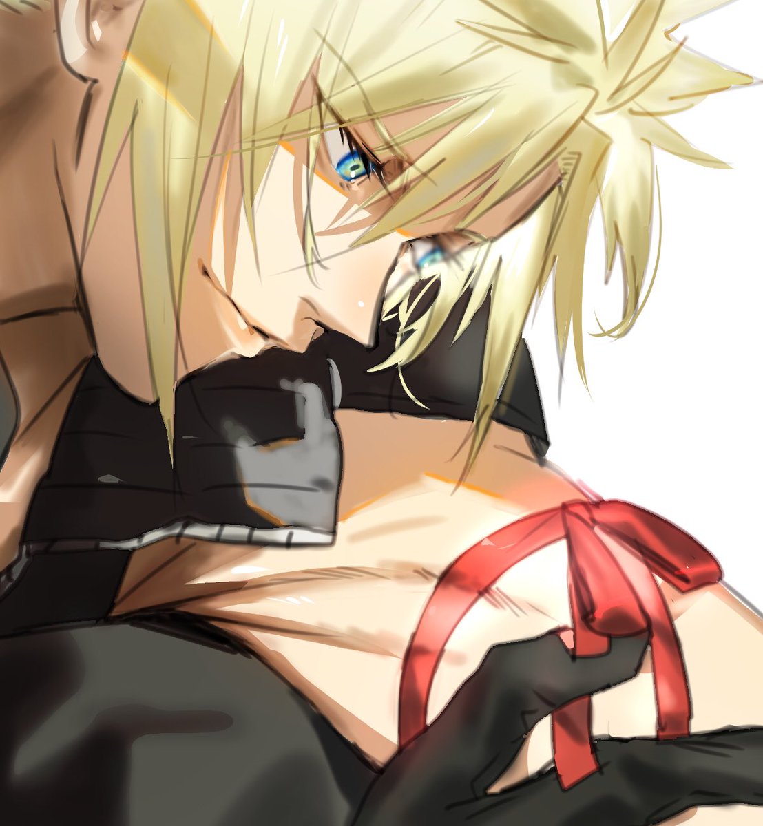 cloud strife blonde hair gloves black gloves spiked hair blue eyes ribbon male focus  illustration images