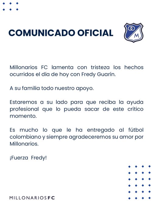 Millonarios ofreció apoyo y ayuda profesional a Fredy Guarín