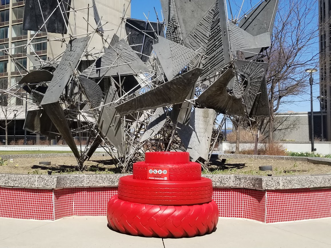 DEVO's tweet photo. Energy domes are stationed around the city of Akron to celebrate DEVO Day... thanks to our friends at @goodyear! Scan the QR code and vote DEVO for the Rock Hall! #DEVOTE https://t.co/TwE5sOLLMW