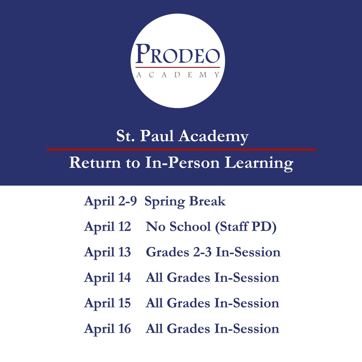 ProdeoAcademy's tweet photo. One more day until our scholars start Spring Break. After the break, some will start to transition to an in-person learning model. We want to remind families of upcoming important dates for each academy. #ProdeoPride https://t.co/VlpCdbs3It