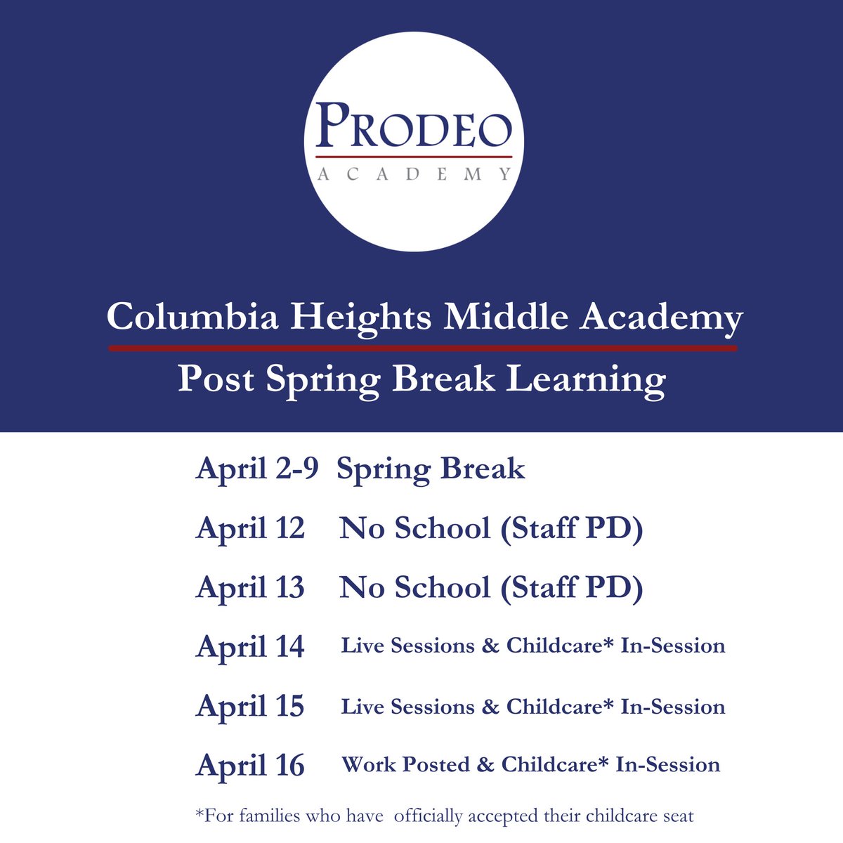 ProdeoAcademy's tweet photo. One more day until our scholars start Spring Break. After the break, some will start to transition to an in-person learning model. We want to remind families of upcoming important dates for each academy. #ProdeoPride https://t.co/VlpCdbs3It