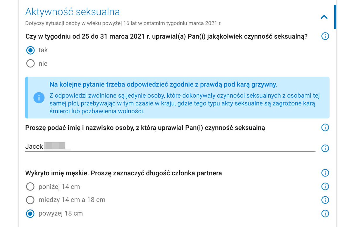 niebezpiecznik's tweet photo. ⚠️ Pamiętajcie! Odpowiadając na pytania w spisie powszechnym, przy prawie każdym kłopotliwym pytaniu możecie wybrać opcję 

[*] "nie chcę odpowiadać na to pytanie" 

Problem w tym, że takiej opcji nie ma dla sekcji Aktywność Seksualna (patrz fotka)
🤔 

🍑🍆 https://t.co/dIO670Cka6