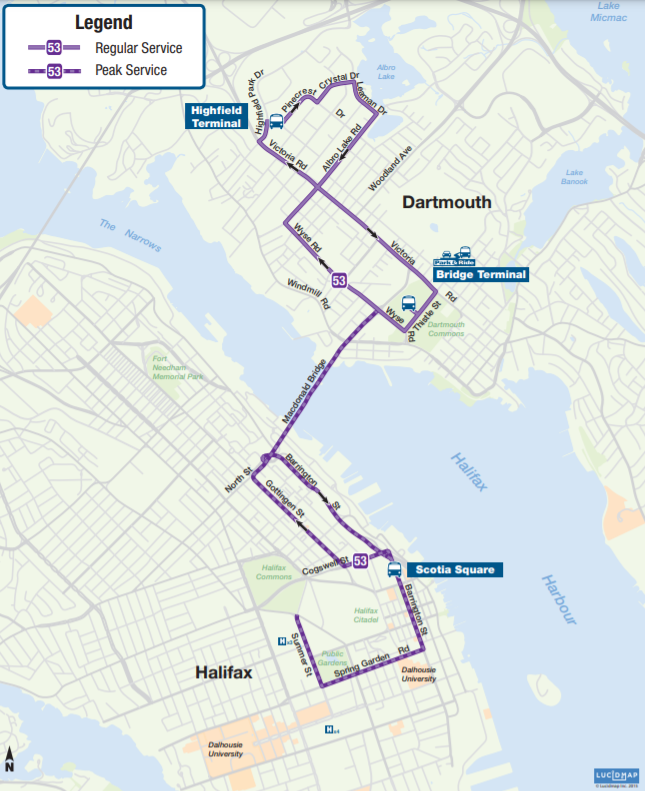 HfxVig's tweet photo. Something I missed was the lack of any 153 Express to go with the new 53. Current peak riders of the 53 coming back and forth from downtown will now have to transfer at the Bridge/Alderley in order to get back and forth from downtown during peak hours. (current 53 pictured) https://t.co/rPeJBk7tfO