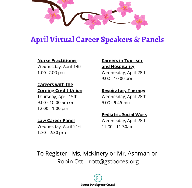 SVE_HS's tweet photo. Our Career Development Council has been working hard to be able to offer multiple great virtual career panels for our high school students.  If students are interested in any of the April sessions, you can sign up here: 
https://t.co/mZya97e5mn https://t.co/hhBNLahJBc