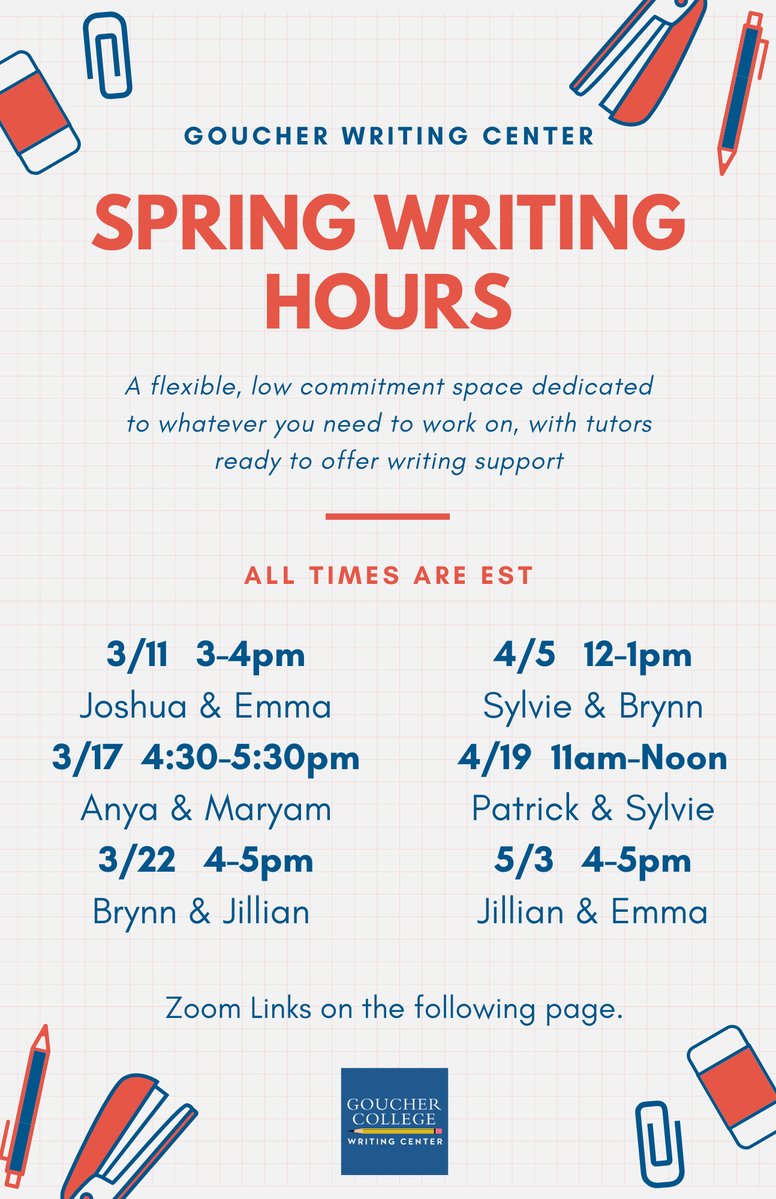 GoucherWrites's tweet photo. Our next Writing Hour is this coming Monday, 4/5, 12-1! Think of it like doing homework with a friend. Our tutors Sylvie and Brynn specialize in History, Peace Studies, and Professional Writing, but they can help you with any writing! See next tweet for clickable Zoom links. https://t.co/rUnONcr4ZR