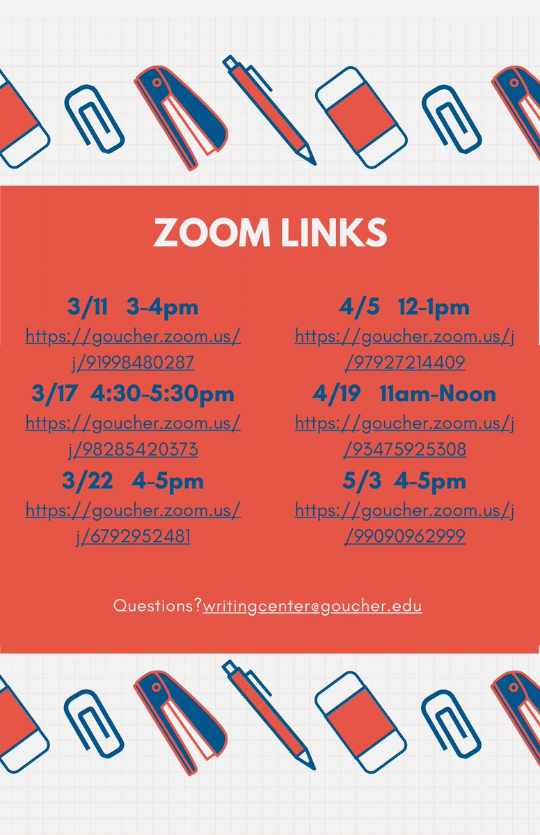 GoucherWrites's tweet photo. Our next Writing Hour is this coming Monday, 4/5, 12-1! Think of it like doing homework with a friend. Our tutors Sylvie and Brynn specialize in History, Peace Studies, and Professional Writing, but they can help you with any writing! See next tweet for clickable Zoom links. https://t.co/rUnONcr4ZR