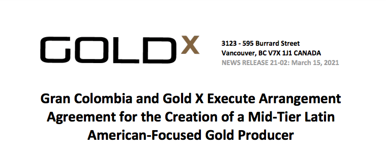 GoldXMining's tweet photo. ICYMI:

Gran Colombia and Gold X Execute Arrangement Agreement for the Creation of a Mid-Tier Latin American-Focused Gold Producer...

Read: https://t.co/DUrb0KdlMm

TSX-V: GLDX 
OTC: GLDXF https://t.co/R5S02kRRSF