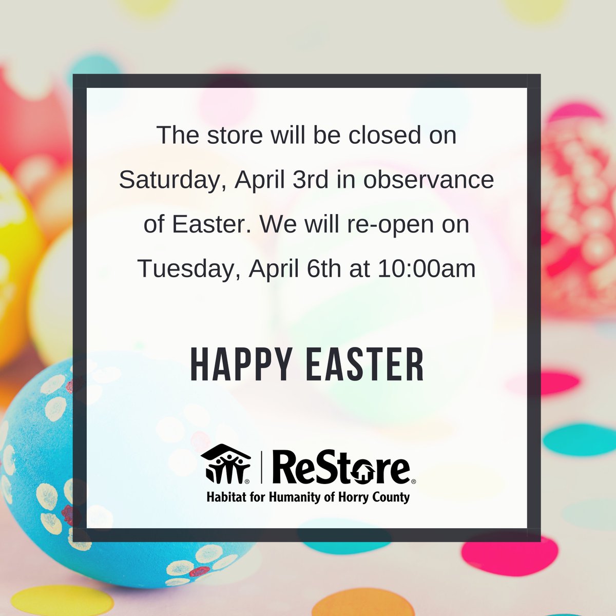HFHHCReStore's tweet image. Be sure to visit the ReStore tomorrow, as we will be closed this Saturday, April 3rd. Happy Easter!