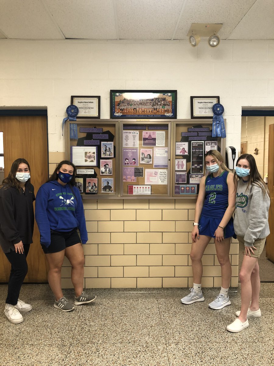 CJ_Capstone's tweet photo. Maddie, Rebecca, Gabrielle, and Lily work to spread awareness about domestic violence and healthy teen relationships.  Their work with the @Artemis_Center in Dayton has been one of service and educating others. 
#Classof2021 #UnitedTogetherCJ https://t.co/OkV0qcFPlm