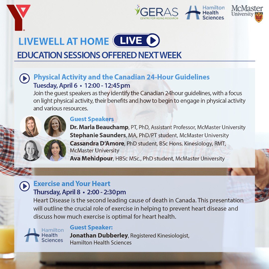 Join us next week for the Education Sessions: Physical Activity &amp; the Canadian 24-Hour Guidelines and, Exercise and Your Heart. Registration required. 

Sessions are offered in partnership with <a href="/McMasterU/">McMaster University</a>, <a href="/GERAScentre/">Geras Centre for Aging Research</a> &amp; <a href="/HamHealthSci/">Hamilton Health Sciences</a>

➡️To register today: ymcahbb.ca/YMCA-Reopening…