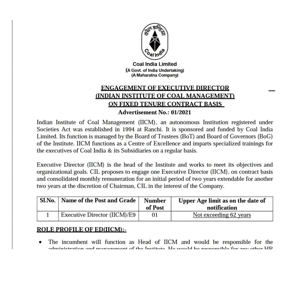 AmitKr_97's tweet photo. CIL has failed to recruit a full time Executive Director (ED) for IICM  in recent advertisement (date 10-4-2021). The eligibility criteria is against the objectives of the IICM &amp; CIL. Details are below. 
https://t.co/WFxJTcF3XT
@CoalIndiaHQ @PMOIndia @JoshiPralhad @CoalMinistry https://t.co/hwMWC0S6YR