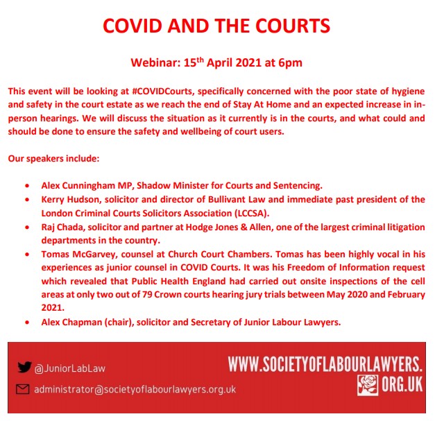 Members, please register for our event on COVID and the courts in a few weeks time, ably hosted by our Secretary @itsalexchapman. us02web.zoom.us/webinar/regist…