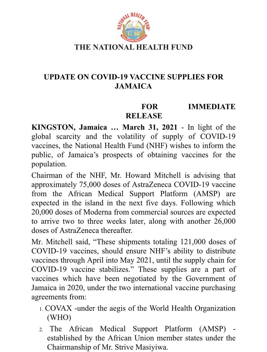 AndrewHolnessJM's tweet photo. News Release - Jamaica secures more Covid-19 vaccines. - @NHFJamaica @themohwgovjm https://t.co/P3IOmFDWEu