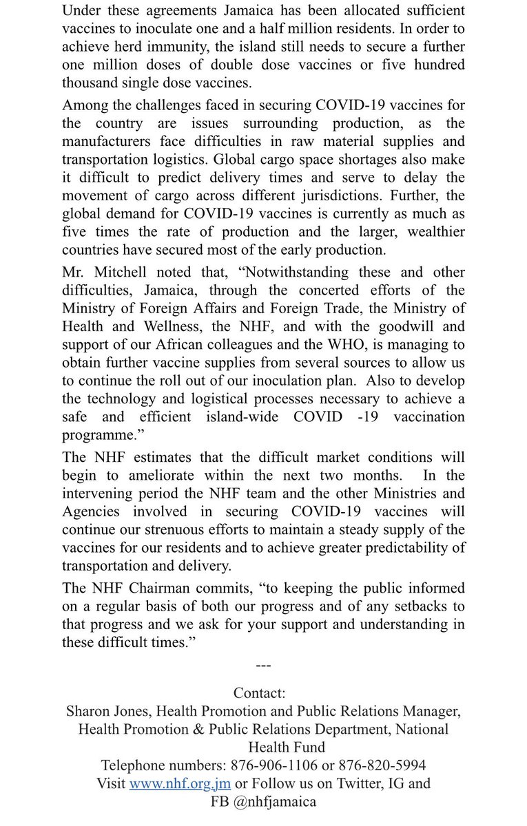 AndrewHolnessJM's tweet photo. News Release - Jamaica secures more Covid-19 vaccines. - @NHFJamaica @themohwgovjm https://t.co/P3IOmFDWEu