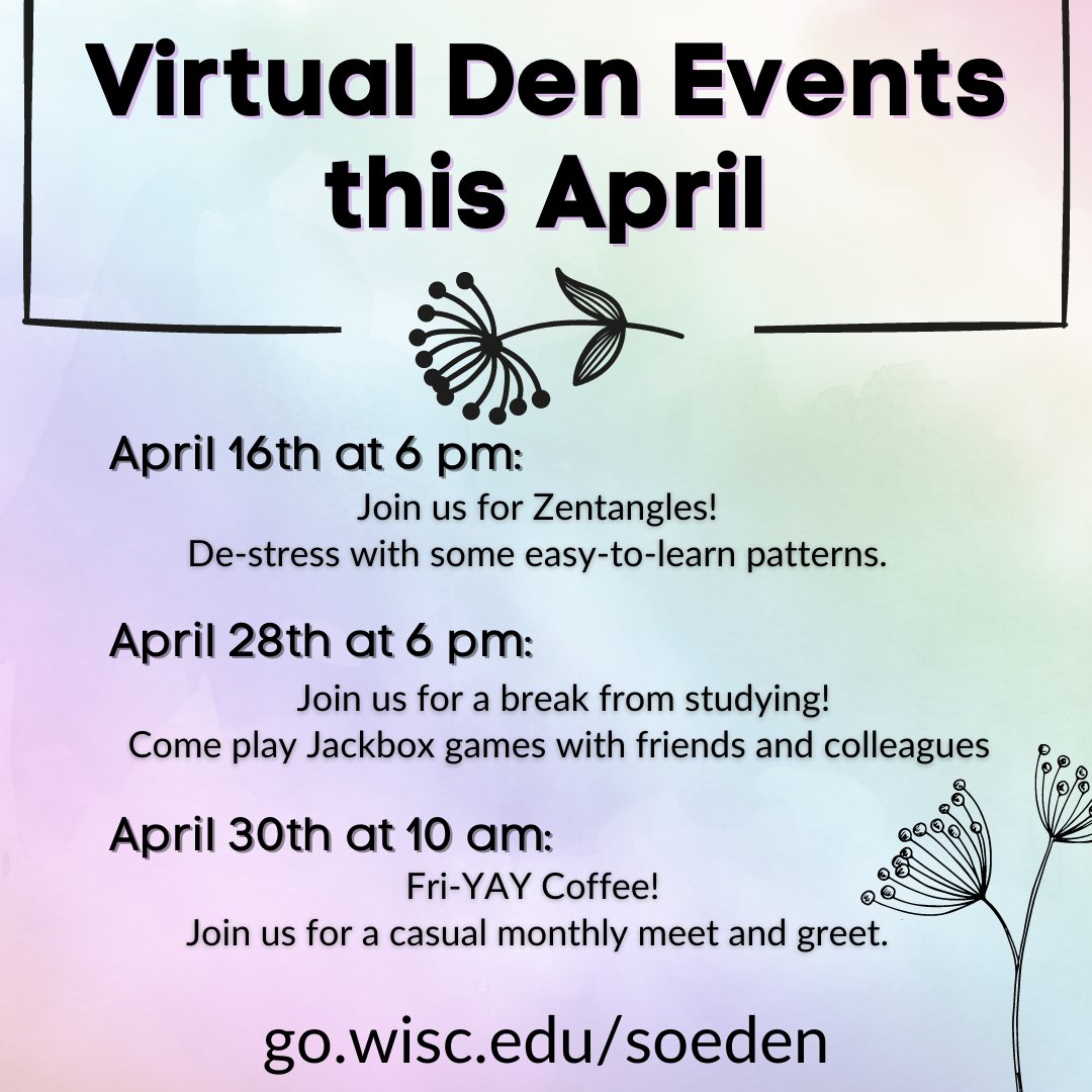 MERIT_Library's tweet image. The Virtual SoE Den is hosting a few events the month of April: virtual game nights, mindful doodling, and a FriYay Coffee at the end of the semester!

Keep a look out for more information in the coming weeks about each event. 

Join the Den: go.wisc.edu/soeden