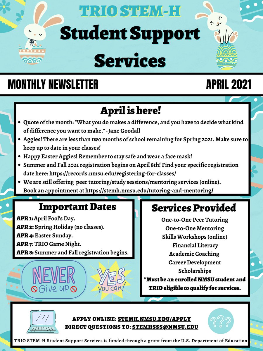 April is here! Read our monthly newsletter for important dates and updates. #nmsu #TRIOworks 😄🐰
