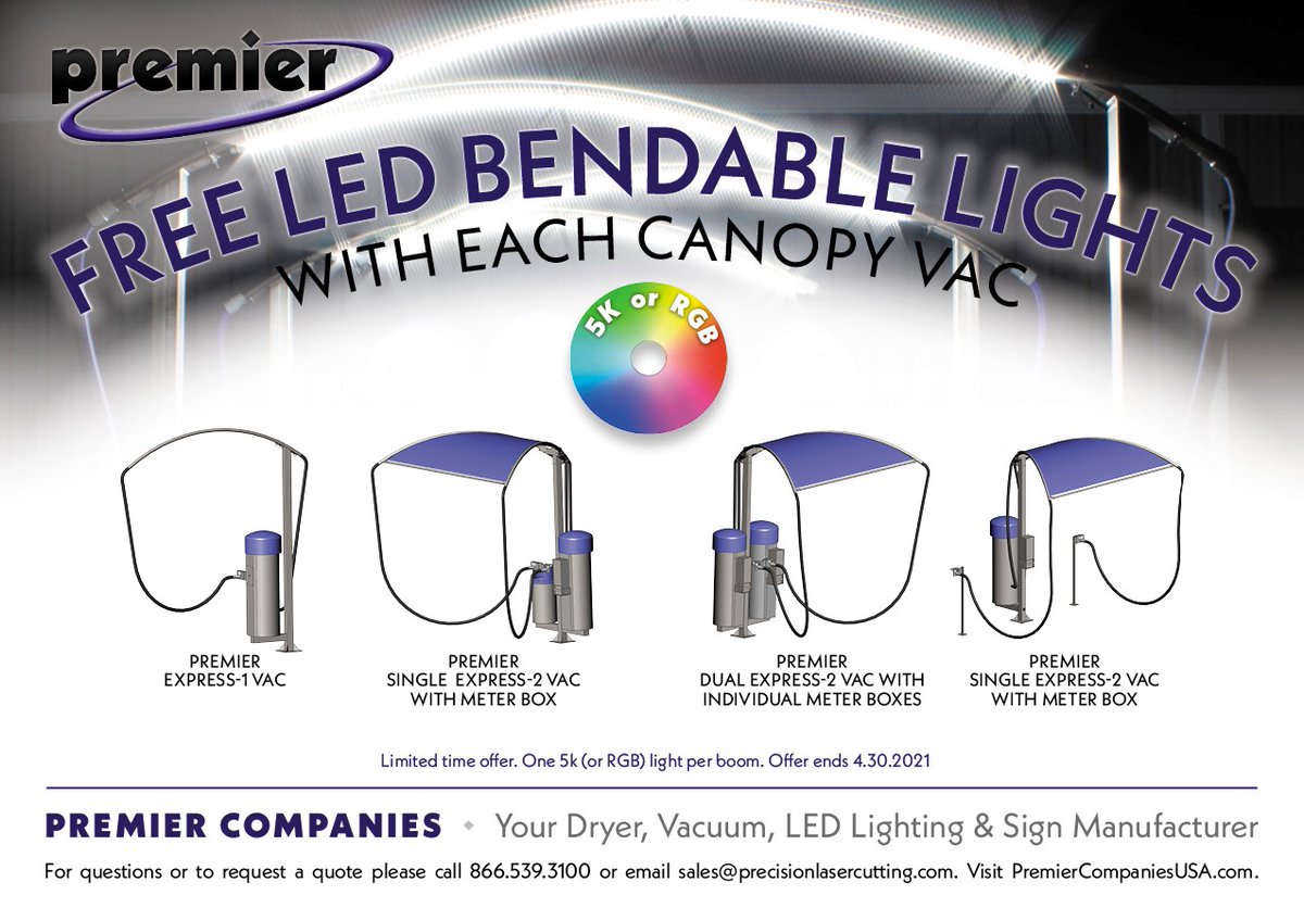 Premier's April Promo- FREE LED Bendable Lights!

Canopy Vacuum orders placed in April will be eligible for FREE LED bendable lights

#carwash #LED #carwashequipment #carwashvacuum