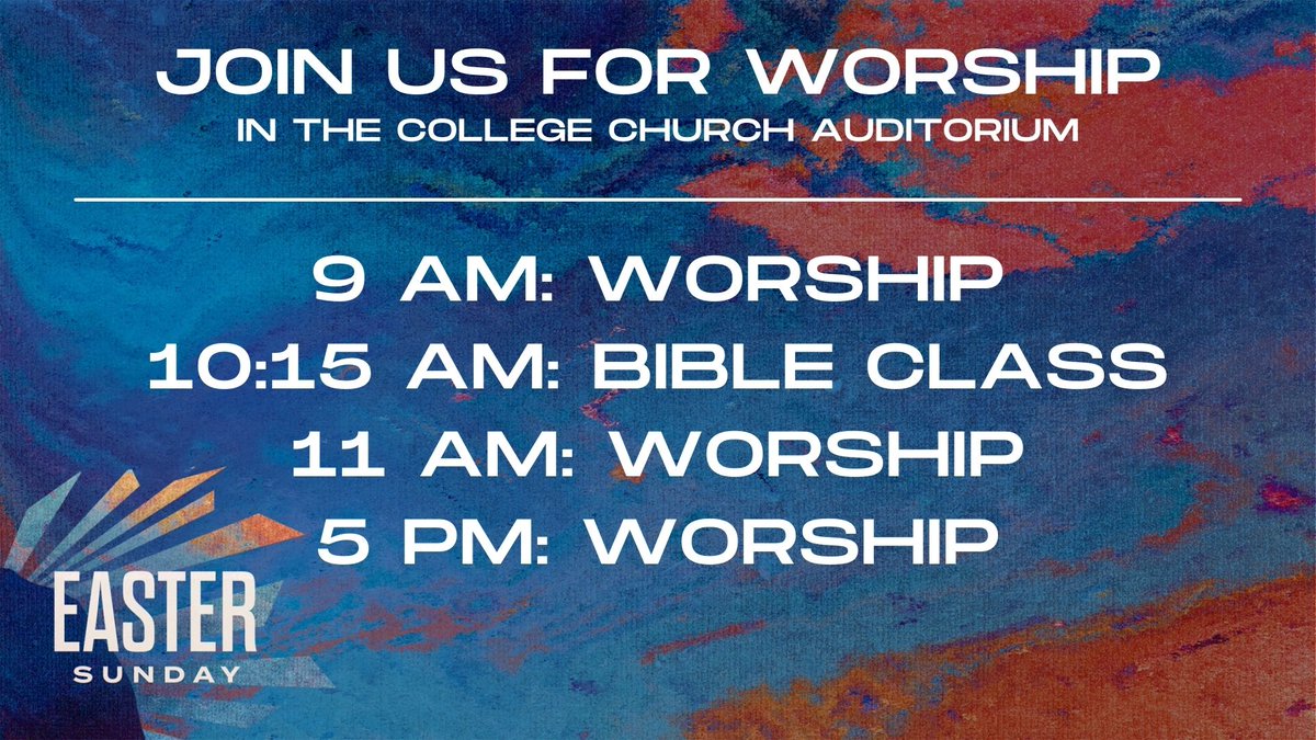 CCOCSearcy's tweet photo. Easter Sunday Services, April 4
We invite you to join us for worship and Bible class!
This year we will be worshipping in the College Church Auditorium instead of the Benson Auditorium.  You can always join us online through our Facebook Livestream too!
We hope to see you Sunday! https://t.co/TaNcRQL0bT
