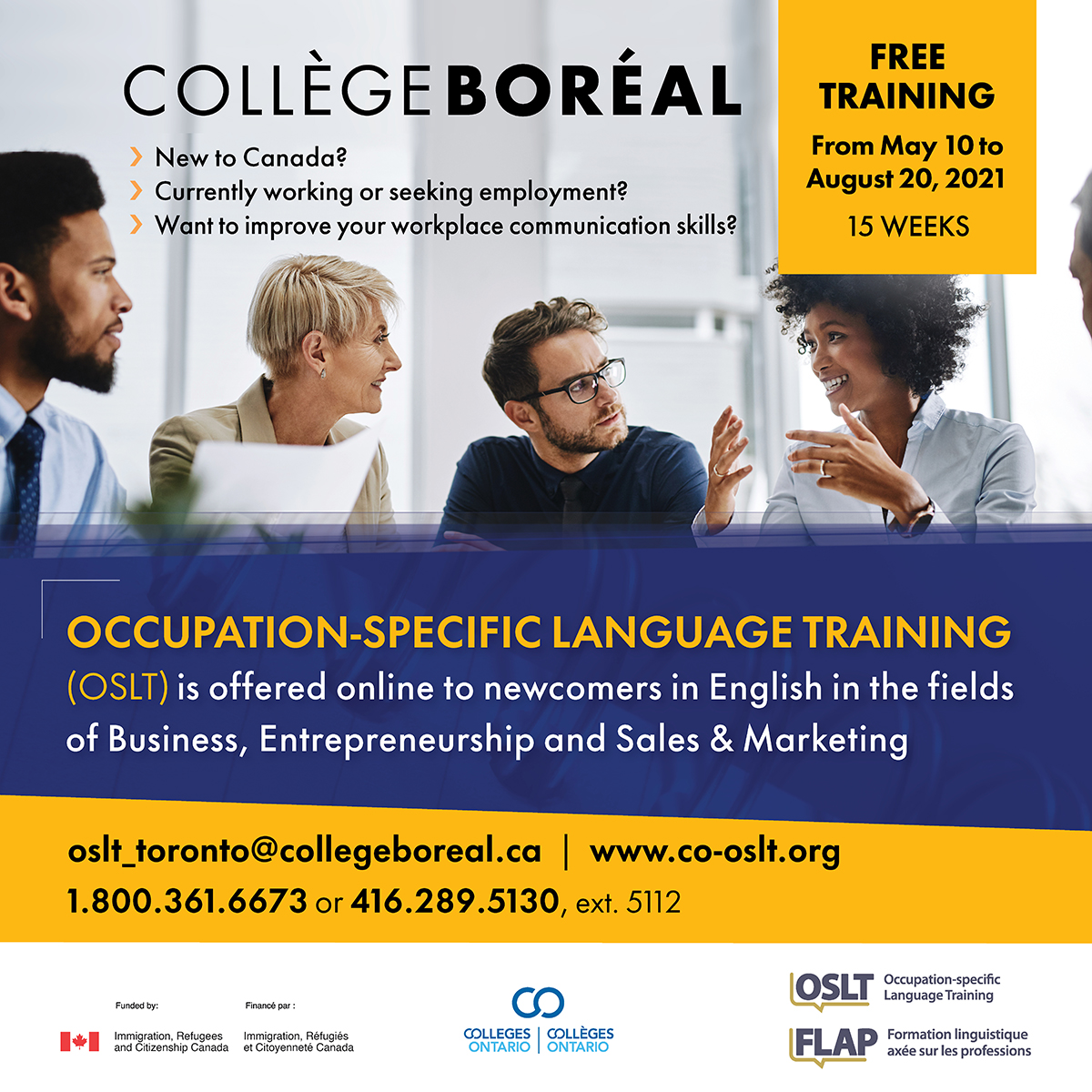 canimmigrant's tweet image. New to Canada? Currently working or seeking employment in the #Business sector? @collegeboreal is offering a #free Occupation-specific Language ONLINE Training course to help you to advance your skills. 
Contact oslt_Toronto@collegeboreal.ca today!
#OSLT #FLAP  #Collegeboréal