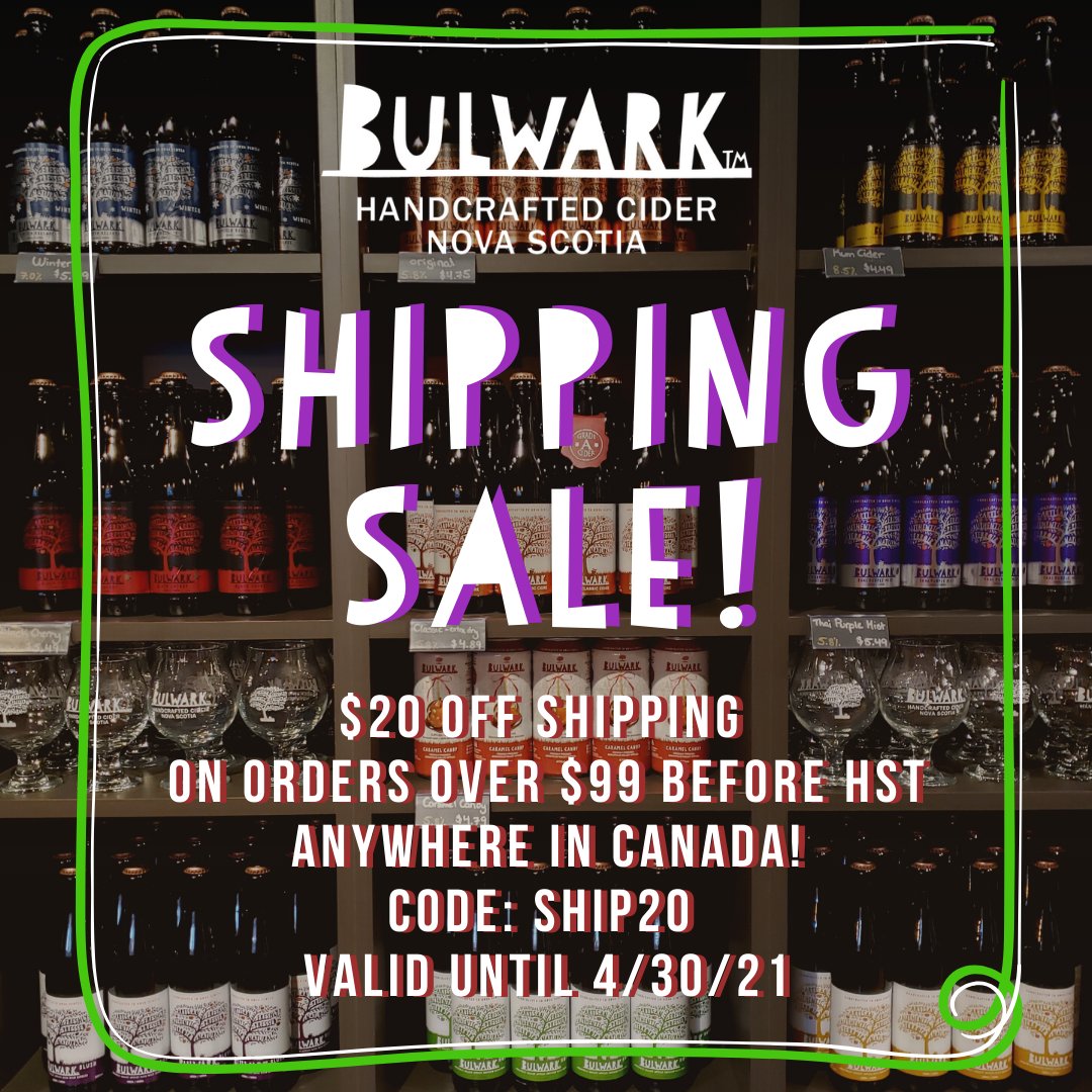 BulwarkCider's tweet photo. Back by popular demand!  Use code SHIP20 to get $20 off shipping on orders over $99 +HST to ship anywhere in Canada!  

Valid 4/1/21-4/30/21.  Not valid on orders for pick up or free local delivery.  Cannot be used in combination with any other offers.

#nscider #offer https://t.co/qV4SzQ5Vd1