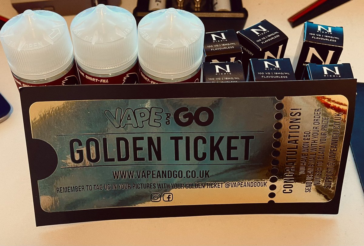 Chaziboy's tweet photo. Huge thanks to @vapeandgoUK for an amazing surprise this morning! Placed my first ever order and only gone and won £50 from their comp #GoldenTicket Only 10 of these bad boys https://t.co/xjPrdwN5Vl