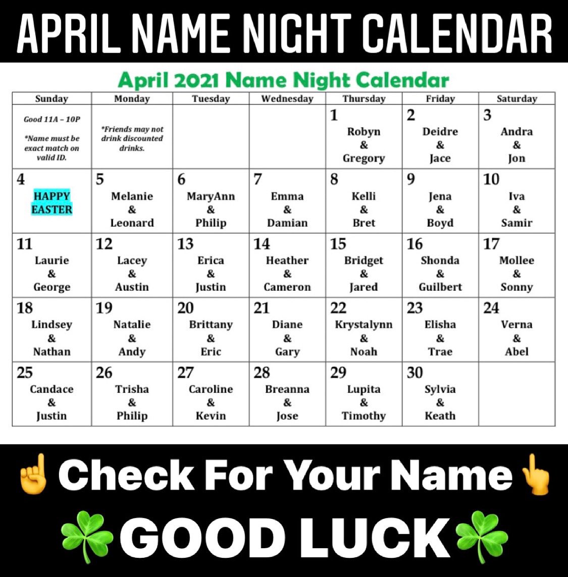 TheGoosesAcre1's tweet photo. Are you LUCKY? ☘️
#Drinks & #Drafts
@TheGoosesAcre1
$.25 #WellDrinks🥃
10oz #Domestics🍺
If your name appears on
our #NameNight calendar
Name must be an exact match
w/your 21+ valid ID/Passport
Only named party is eligible
Good only on the date name is listed from 11AM-10PM https://t.co/h1k5zi4WIY