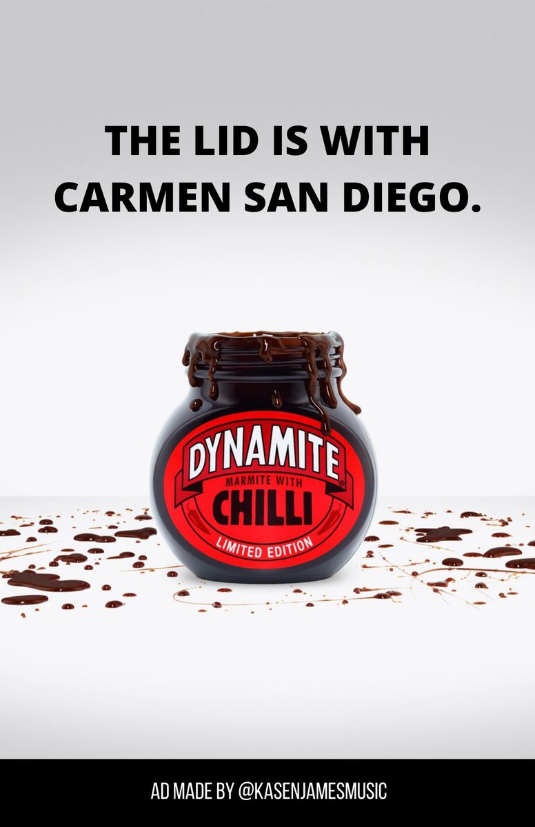 kasenjamesmusic's tweet photo. Late entry. No idea where the lid is.
@OneMinuteBriefs @Marmite #MarmiteDynamite #AprilFoolsDay #whereisthelid #putalidonit #copywriting #creative #wordplay #adtwitter #omb #omble #advertising #whereintheworld #CarmenSandiego https://t.co/MJ8e0k4P4K