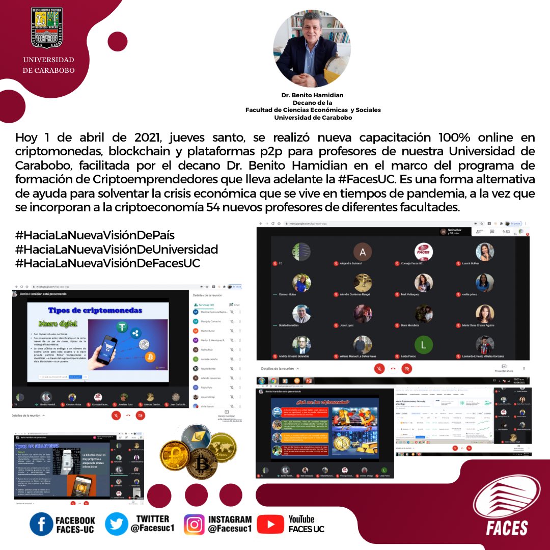 facesuc1's tweet photo. Hoy #1Abril, jueves santo, se realizó nueva capacitación 100% online en #criptomonedas, #blockchain y plataformas p2p para profesores de la @UCarabobo, a cargo del decano @BenitoHamidian en el marco del programa de formación de #Criptoemprendedores que lleva adelante la #FacesUC https://t.co/jJVQRo0WAi