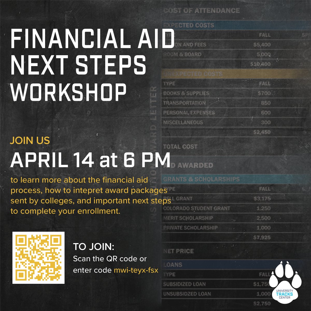 D70tracks's tweet photo. Are you confused by your financial aid award and the next steps in the process? Join us Wednesday, April 14 at 6 PM! #financialaid #award #college #nextsteps #utc #d70tracks #district70 https://t.co/IRGV63F1Ka