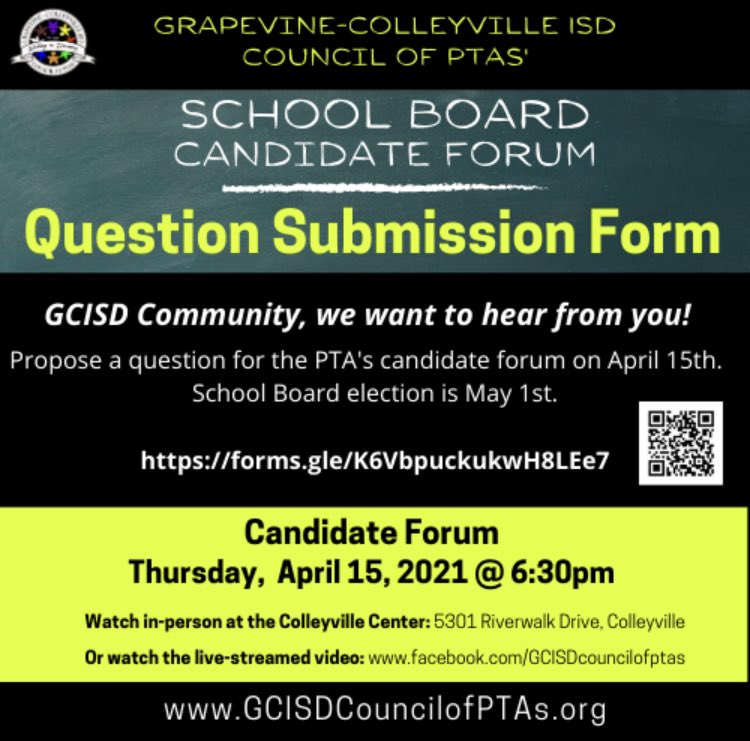 Grapevine Colleyville Council of PTAs is hosting a candidate forum for the school board race. 

Use this form to submit your questions: forms.gle/K6VbpuckukwH8L…