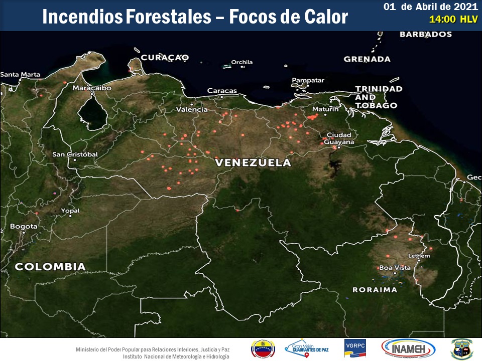 #1Abr #INAMEHInforma Para la hora en el mapa se pueden observar los incendios forestales y focos de calor (puntos de color naranja) en zonas de los Llanos Centrales y Occidentales, Aragua, Anzoátegui, Monagas, Amazonas, Bolívar y norte de Falcón #Reporte de las 14:15 HLV