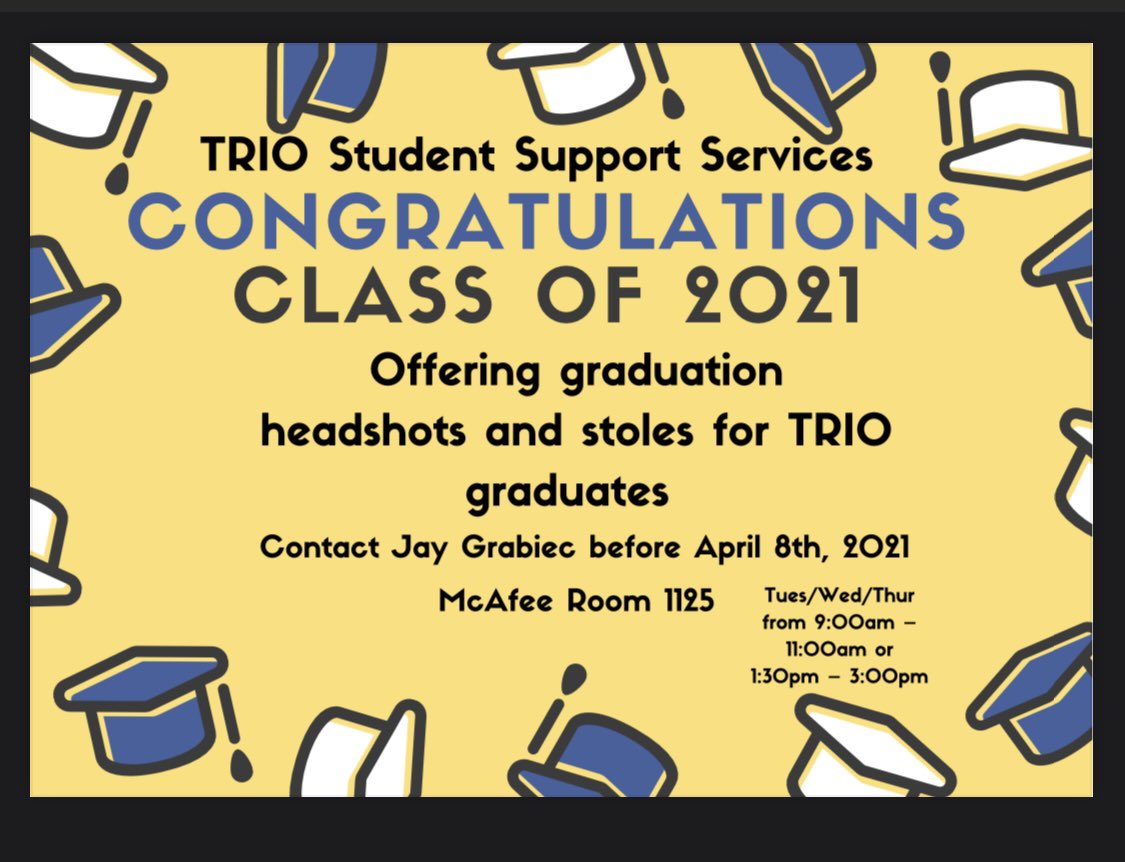 Attention all TRIO and OIAE graduating seniors participating in the Academic Recognition &amp; Awards Reception. Headshots will be offered until April 8th when you pick up your graduation stole.

Click the link below to schedule an appointment calendly.com/jjgrabiec/phot…

#eiu #2021grad