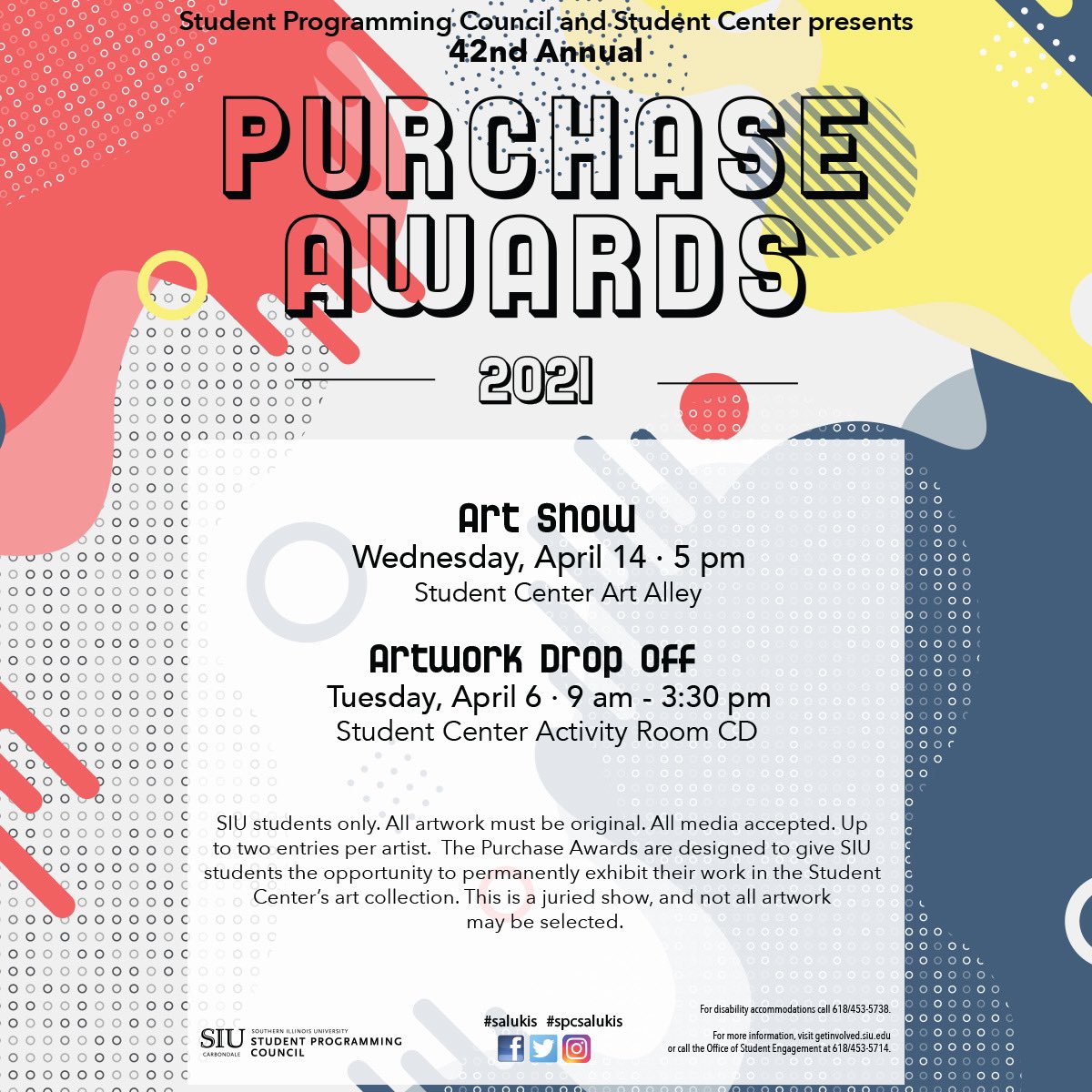 SPC_SIUC's tweet photo. Yes, your artwork can be displayed in the Student Center!! 🎨 
-
Drop off your artwork for the Purchase Awards on Tuesday, April 6th, in the Student Center! https://t.co/1lYVsMOzFa