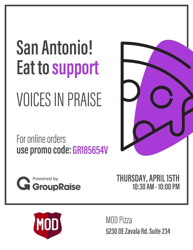 VIP_UTSA's tweet photo. MOD Pizza is donating back to Voices In Praise - you can help by eating!
On Thursday, April 15th MOD Pizza, 5230 DE Zavala Rd. Suite 234, will donate 20% of Takeout, Delivery &amp; Pick up orders to Voices In Praise. Please help us by RSVPing to save the date and inviting a friend https://t.co/8E89xa4GU5