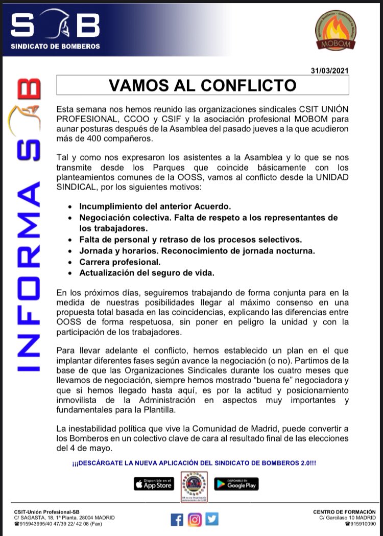 BomberosMobom's tweet photo. #bomberos #ComunidadMadrid al #conflicto por la falta de empleo, el reconocimiento nocturno, el desprecio y falta de respeto a los bomberos, los incumplimientos, etc etc etc. #bomberosallimite #bajominimos @IdiazAyuso @CarlosNovilloPi @PodemosCMadrid @MasMadrid__ @psoe_m https://t.co/qyAxmQPBVe