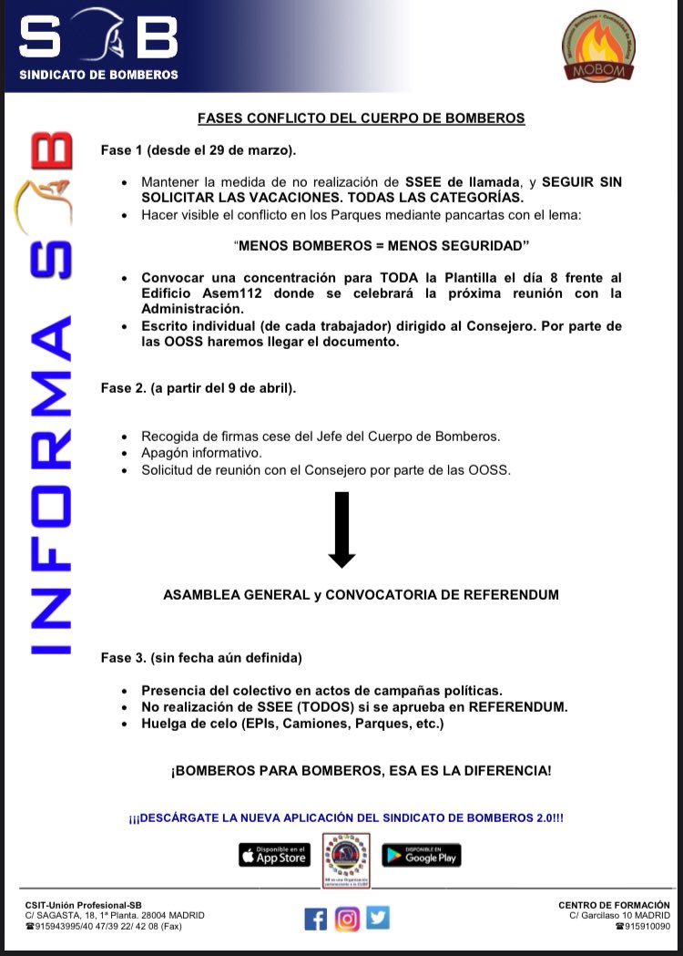 BomberosMobom's tweet photo. #bomberos #ComunidadMadrid al #conflicto por la falta de empleo, el reconocimiento nocturno, el desprecio y falta de respeto a los bomberos, los incumplimientos, etc etc etc. #bomberosallimite #bajominimos @IdiazAyuso @CarlosNovilloPi @PodemosCMadrid @MasMadrid__ @psoe_m https://t.co/qyAxmQPBVe