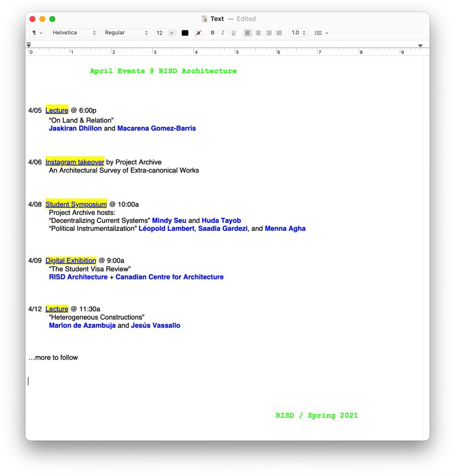 April 2021 RISD Architecture events — more details, including the Zoom links, to follow