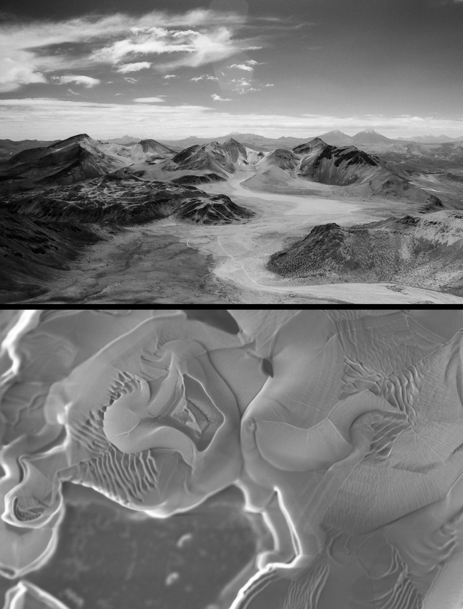 Macro: remote volcano valley Suriplaza at the border of Chile, Bolivia and Peru at 5490 m, #InfraredPhotography.  Micro: FIB-etched ZnS:Mn microparticle revealing internal defects, image courtesy Jason Tresback <a href="/CNSatHarvard/">CNS at Harvard</a>