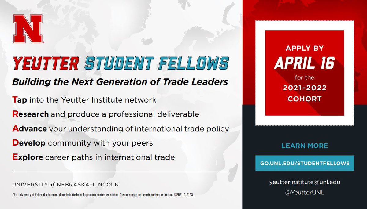 YeutterUNL's tweet photo. Curious about international trade and possible career paths in the field? Excited by the idea of building professional skills through interdisciplinary teamwork? 

Considering applying today for the 2021-2022 cohort of Yeutter Student Fellows. More at https://t.co/mJRpX3Rpqd. https://t.co/LI2uclWGU6