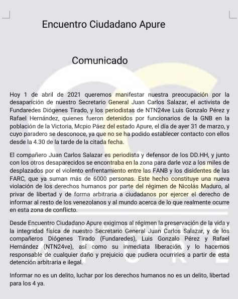 EnCiudadanoVzla's tweet photo. Desde Encuentro Ciudadano Apure exigimos la liberación inmediata de nuestro secretario general en la entidad @jcs_vzla quien también es periodista y activista de @FundaREDES_ así como Diógenes Tirado, @luisgonzaloprz y Rafael Hernández. 

#LiberenALos4 https://t.co/WoCqSfJ8mr