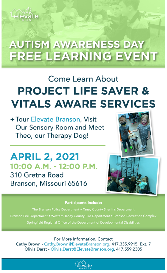 ElevateBranson's tweet photo. Come on campus tomorrow for Autism Awareness day! 
💚When:  April 2nd @ 10:00 AM - 12:00 PM
💚Where:  310 Gretna
💚What:  Learn about Project Life Saver &amp; Vitals Aware Services; Tour Elevate Branson including the Sensory Room and Meet Theo the therapy dog!! https://t.co/xNerOiptXW