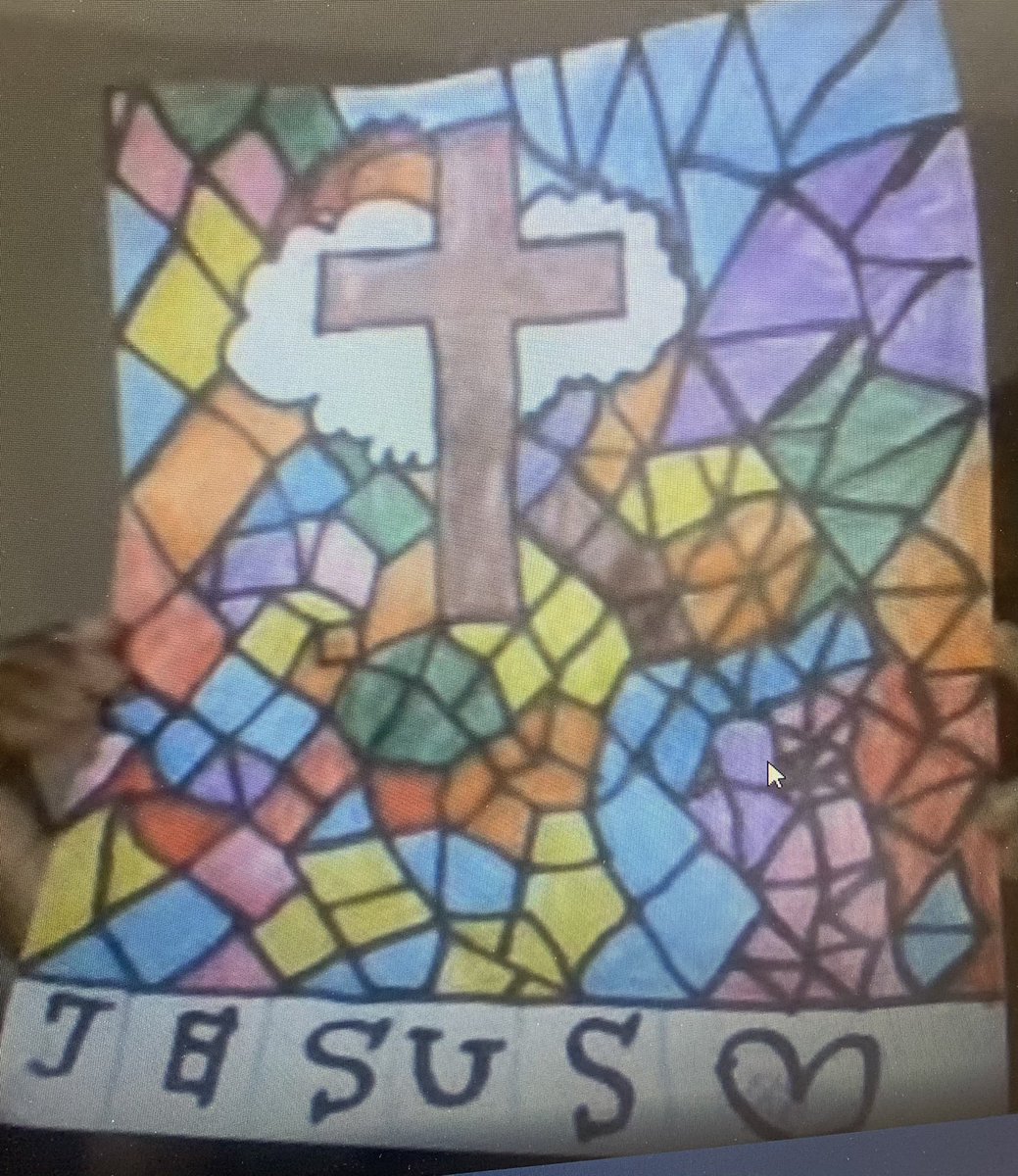 MrsTonon's tweet photo. My virtual 3s made beautiful stain glass cross art today using the elements line and shape. Here are some finished masterpieces! https://t.co/eDI1h77F68
