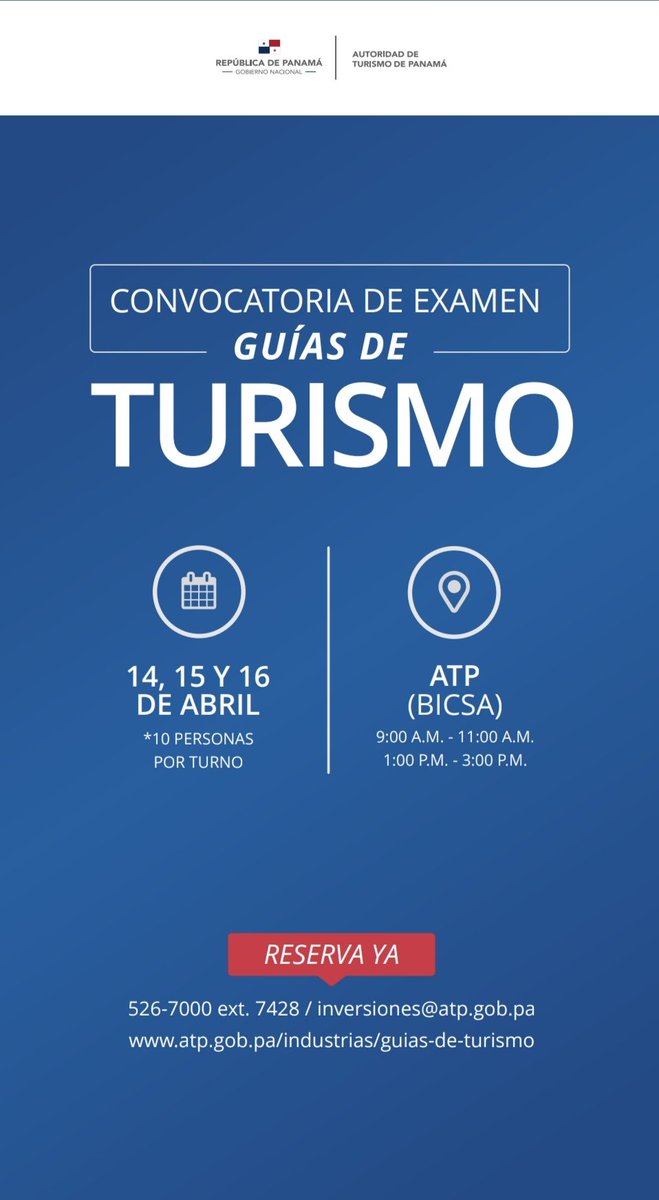 ATP_panama's tweet photo. Convocatoria de examen de guías de turismo.

📅: 14, 15 y 16 de abril del 2021

📍 ATP, piso 28, PH Bicsa Financial Center, Ave. Aquilino De La Guardia. https://t.co/3CVMk6e6qM