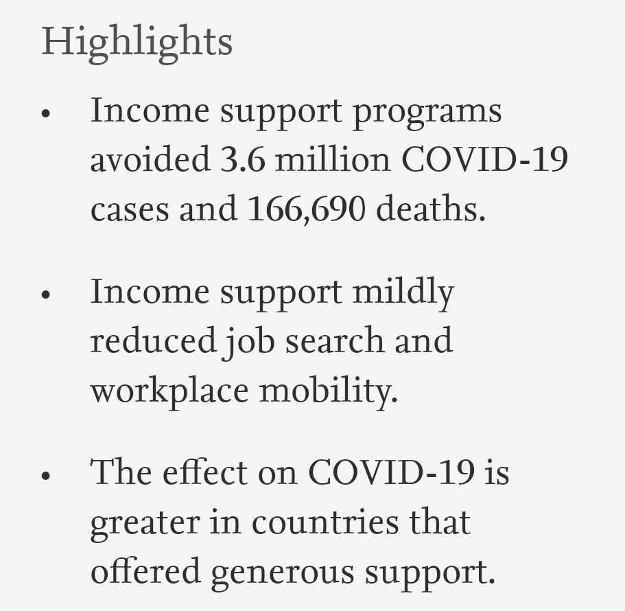 Evidence from the C19 pandemic and government responses to it show that income support saved lives by preventing infection and deaths that otherwise would have occurred.(More evidence that UBI will function as a vaccine to save lives and improve health) https://www.sciencedirect.com/science/article/pii/S1570677X21000216