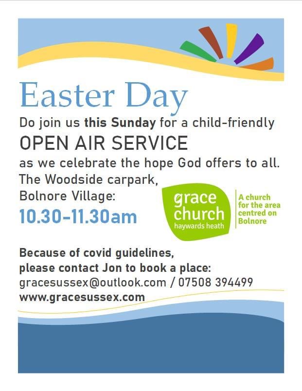 GraceChurchHH's tweet photo. Join us this Sunday at 10.30am for an outdoor service by the Woodside to celebrate Easter.  Further details below! #Easter #Bolnore #HaywardsHeath https://t.co/hdsn7ijsGa
