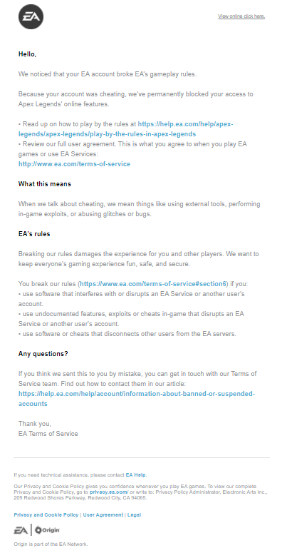 devonian_plays's tweet photo. @PlayApex @Respawn @EA Over a month ago I was banned from Apex for "cheating". Since then I've put in a case on EA Help. A few days ago I finally got a response in an email saying that my account was further reviewed and the ban was actioned correctly. Is there a way to fix this? https://t.co/7B2VAEfbNB