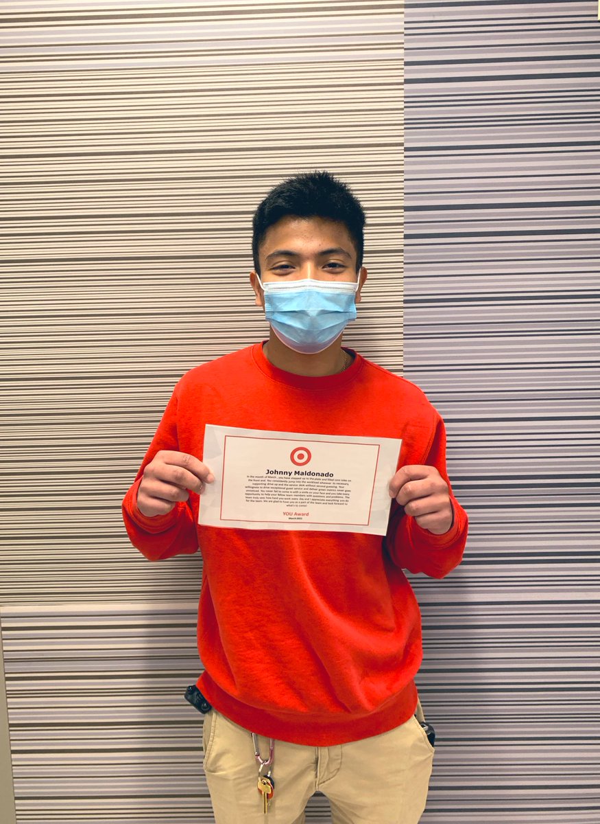 AnaYacopino's tweet photo. Today we handed out our YOU awards for the month of March! Johnny was our Front End winner and Dondray was our store MVP! These two both bring so much to the table and always go above and beyond for each guest! #worksomewhereyoulove #target #target2310 https://t.co/F67TBtxw9o