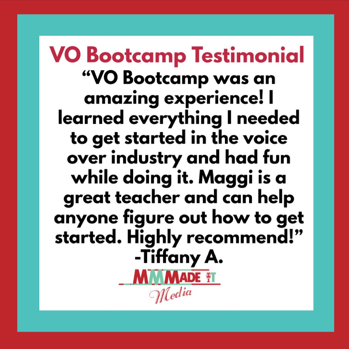 MMMadeItMedia's tweet photo. Here is what past participant of a VO Bootcamp has to say about her experience. Thanks Tiffany for trusting us with your time and talents!
Another session is coming up in mid-April. Get signed up at https://t.co/UuFRHsqV9E
#Testimonial #vobootcamp #voiceover https://t.co/7HvB0DkqhD