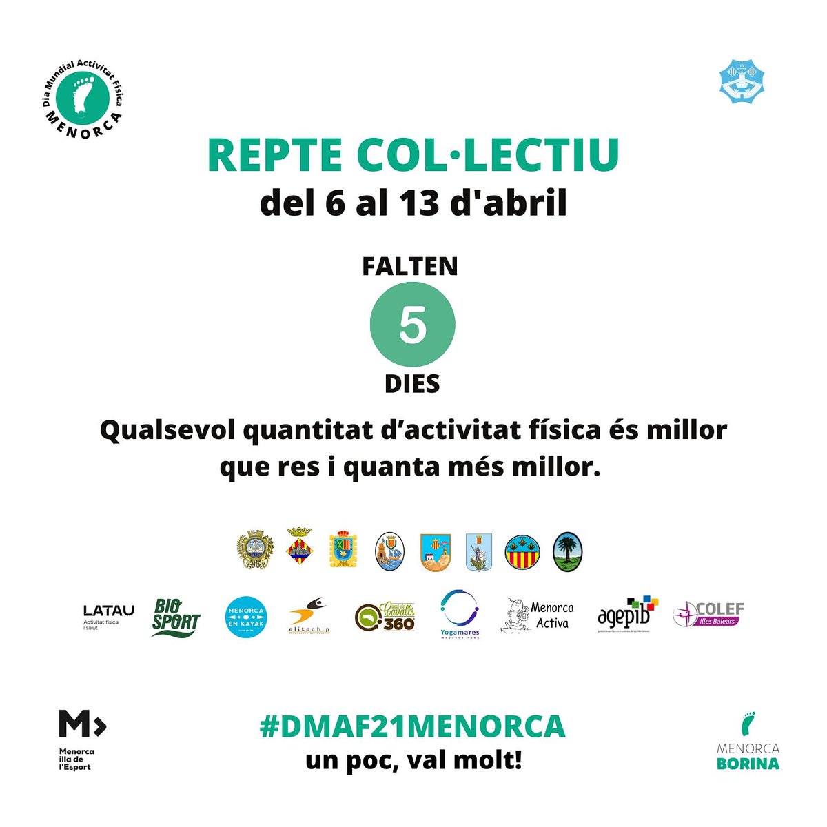 LatauMenorca's tweet photo. Sabies que qualsevol quantitat d'activitat física és millor que res i quanta més millor?🏃🏊🚴 

Participa del repte col•lectiu per celebrar el Dia Mundial de l'Activitat Física 🙌🙌

Avui ja només queden 5 dies ‼️‼️ https://t.co/cH2WE76dmr